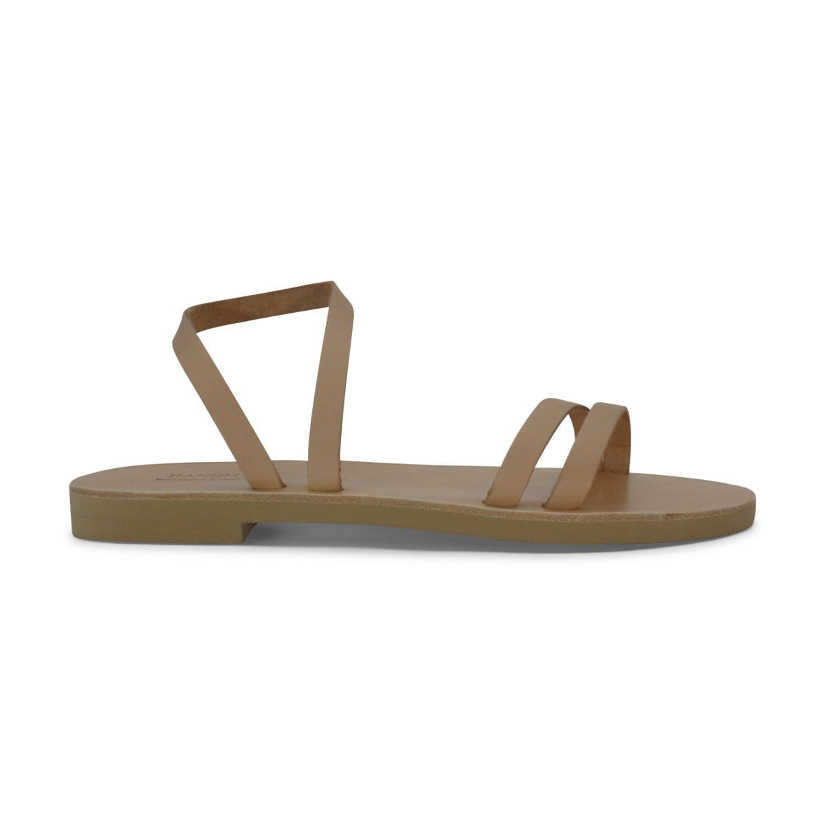 Beige Flat Sandal with Multiple Straps and Open Toe Shown from Side View