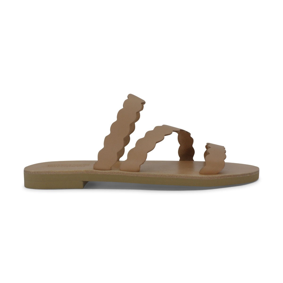 Beige Flat Sandal with Three Scalloped Straps on a Tan Sole Isolated on White Background