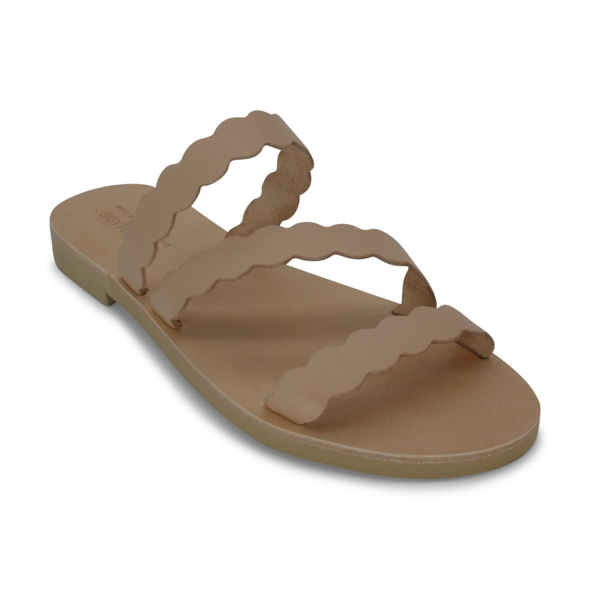 Beige Flat Sandal with Three Scalloped Straps Across the Foot and a Flat Sole