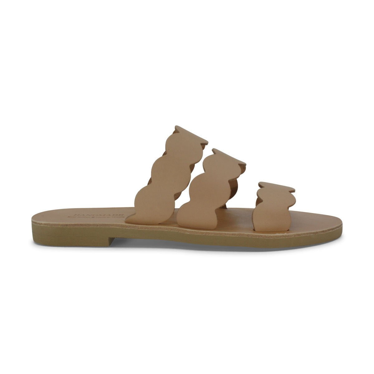 Beige Flat Slide Sandal with Three Sculpted Strap Shapes Across the Foot open Toe