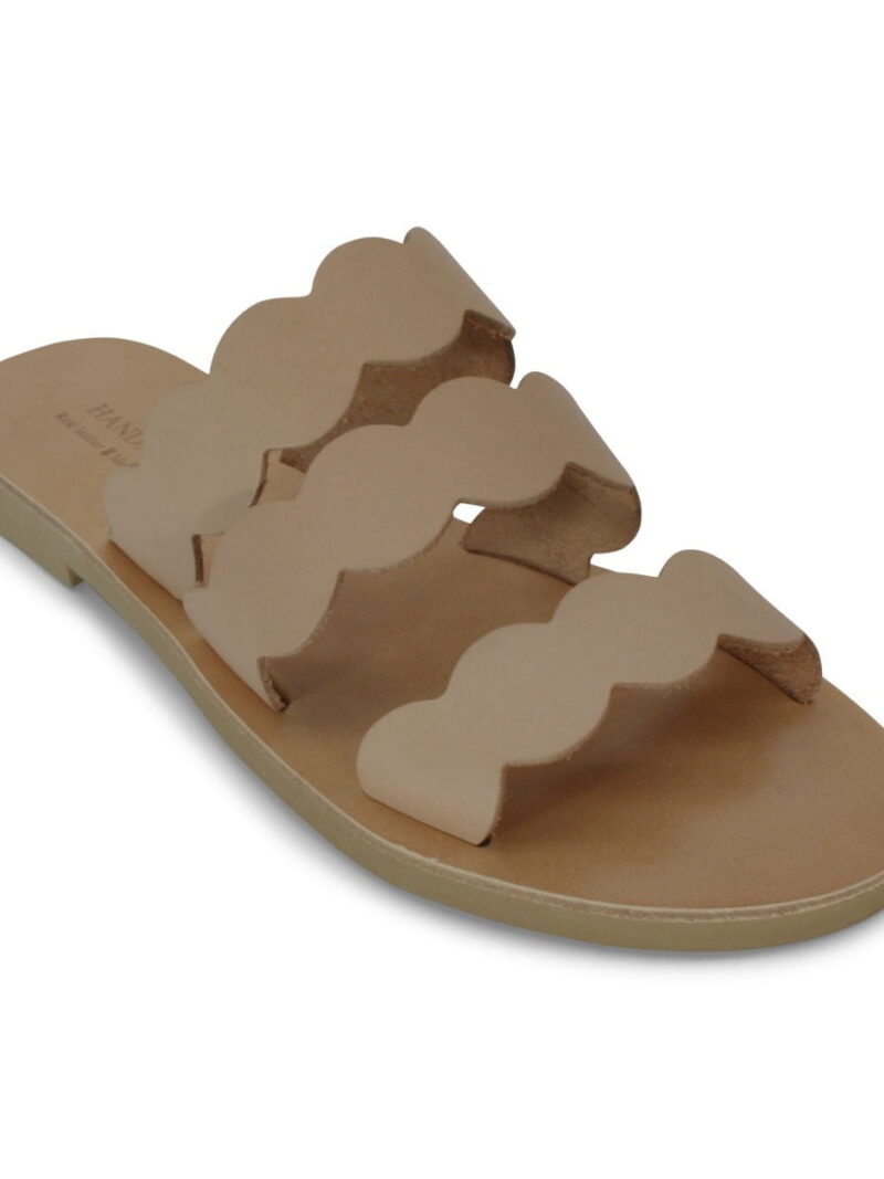 Beige flat slide sandal with three cream cloud-shaped straps across the top of the foot