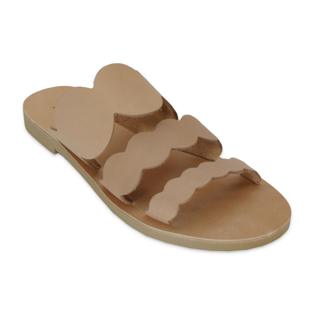 Beige flat sandal with three scalloped, heart-shaped straps across the top