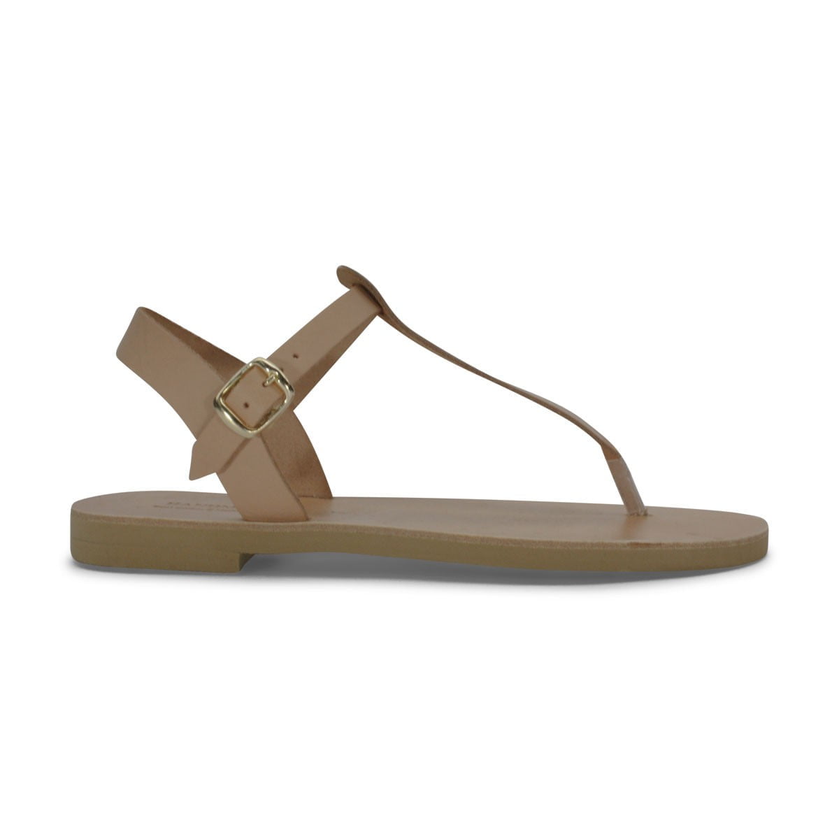 Tan Strappy Flat Sandal with an Ankle Strap and Gold Buckle Open toe Design for Warm weather Wear