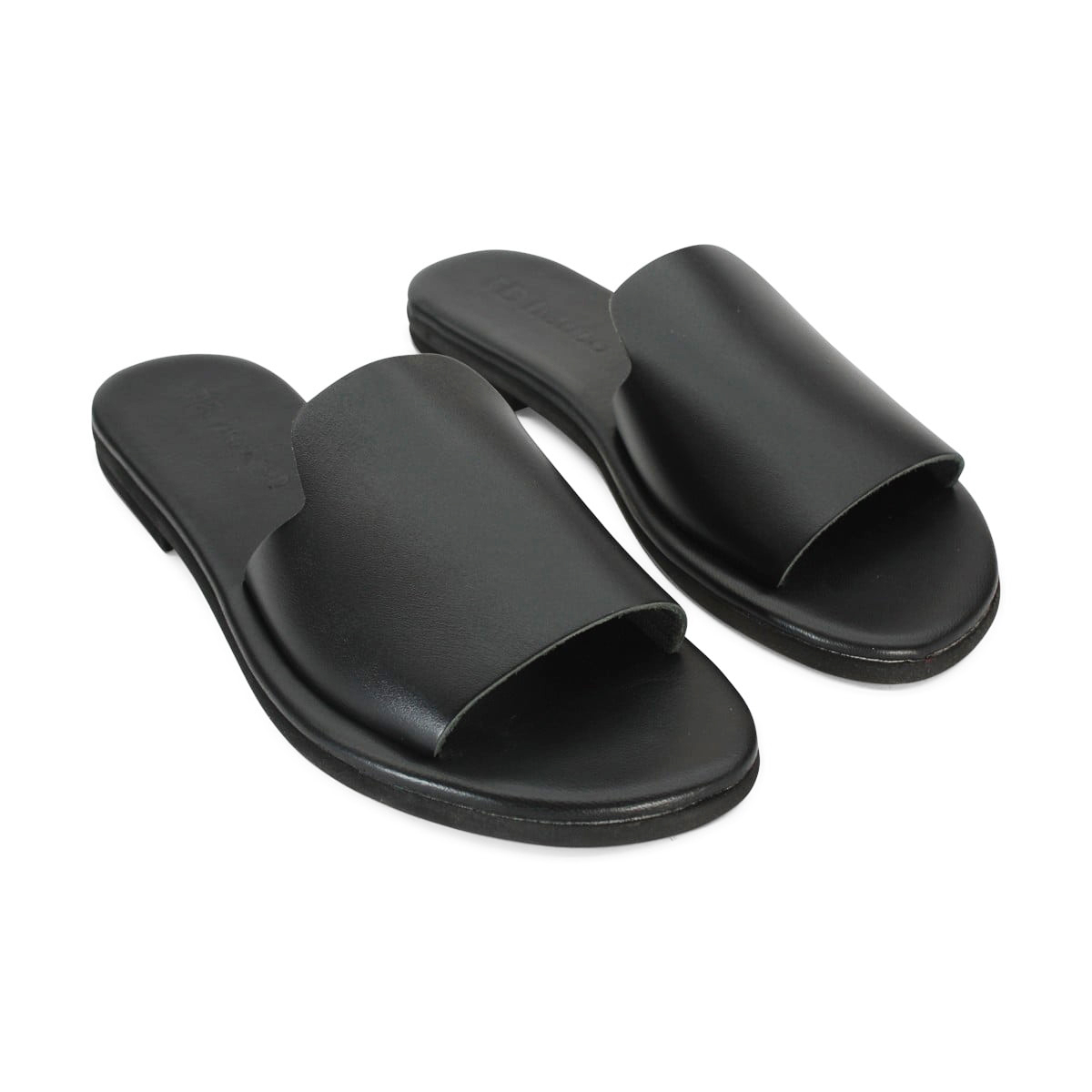 Black Slide Sandals with a Single Wide Strap and Flat Sole on a White Background Viewed from Aboveright Side