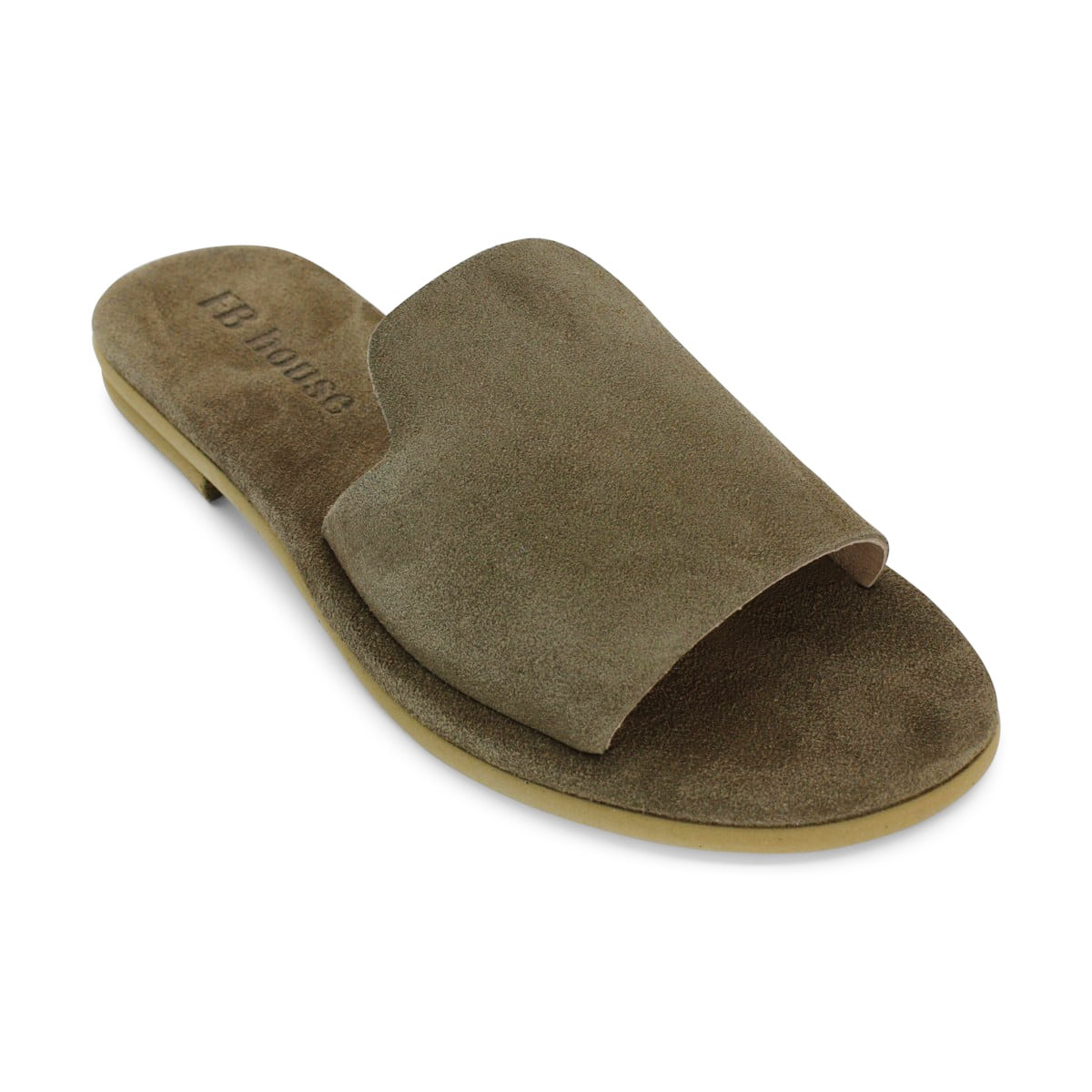 Brown Suede Slide Sandal with a Wide Strap and Light Tan Sole on a White Background Product Photo