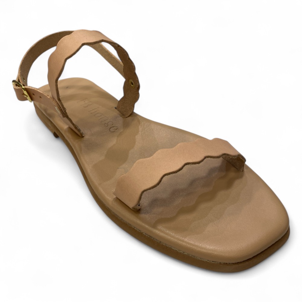 Beige Leather Flat Sandal with a Scalloped Toe Strap and an Ankle Buckle Strap Open toe Design
