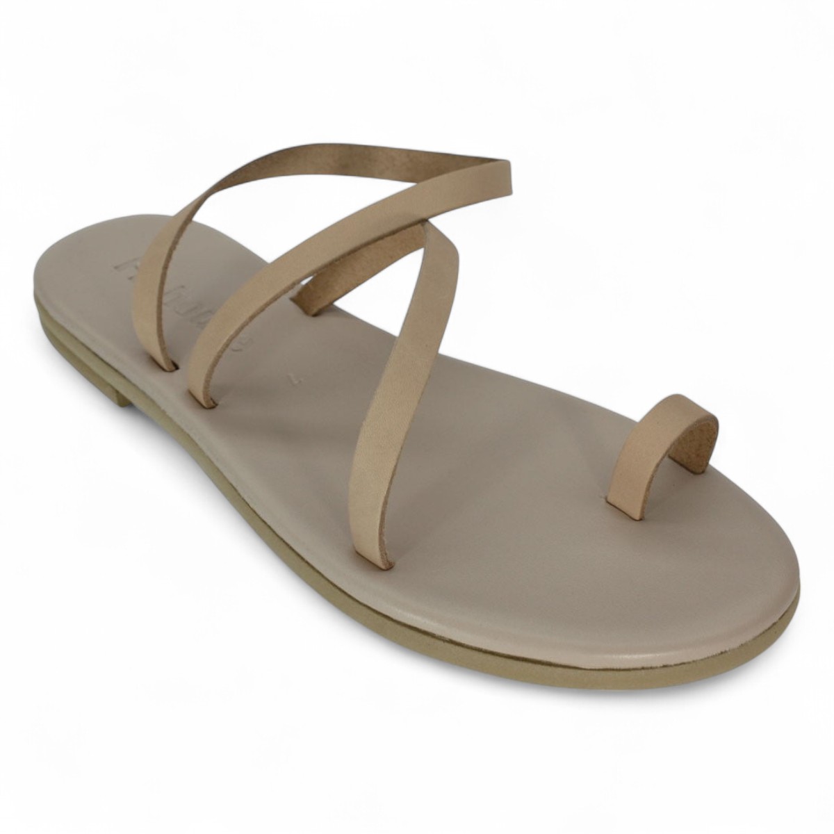 Beige Flat Sandal with Thin Straps and a Toe Loop on a Light Sole
