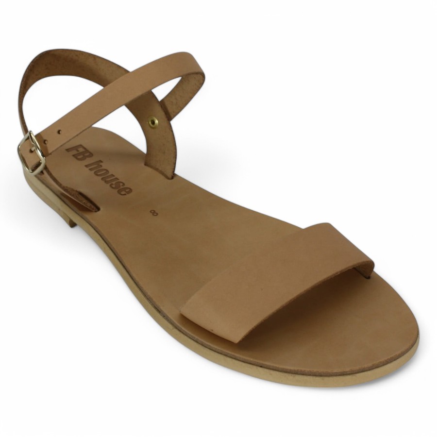 Tan leather sandal with a single wide front strap, open toe, and an ankle buckle strap