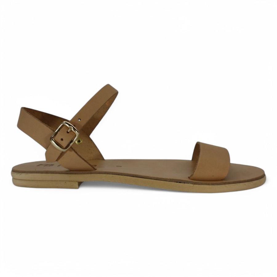 Tan Leather Flat Sandal with an Ankle Strap and Buckle Closure