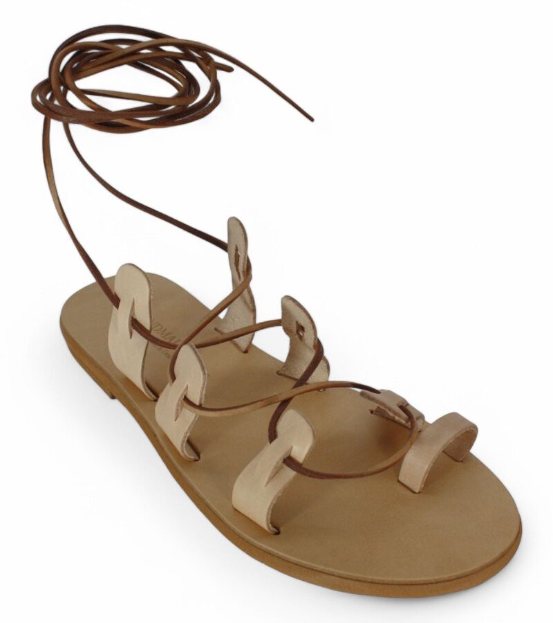 Tan Flat Gladiator Sandal with Multiple Beige Straps and Long Wraparound Ankle Laces