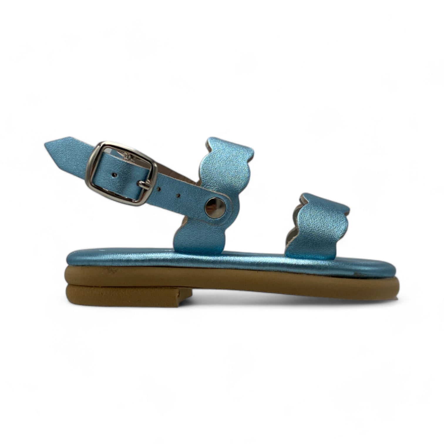 Blue metallic sandal with a buckle, featuring two scalloped strap decorations, resting on a brown sole against a white background.