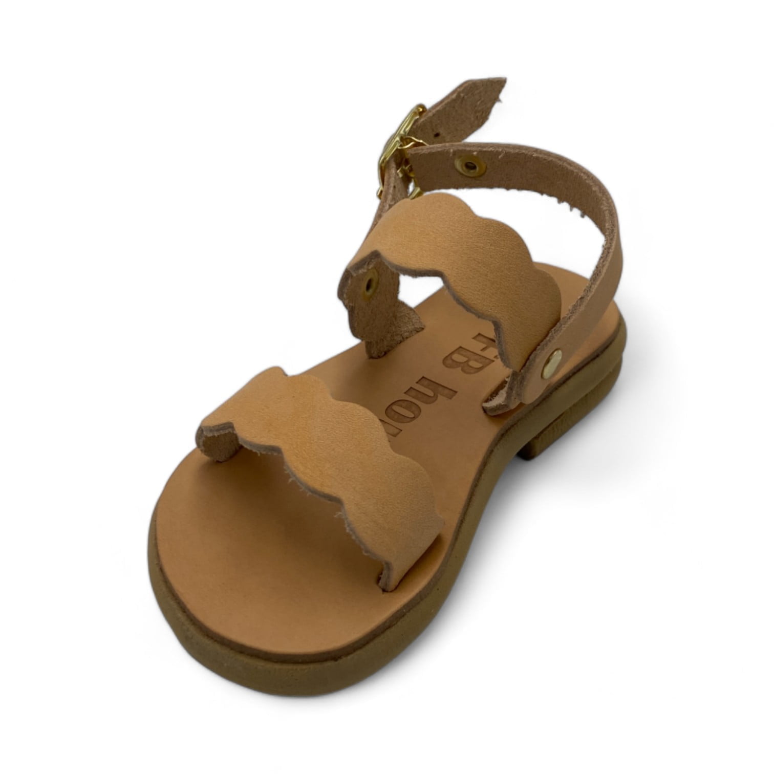Light Brown Leather Sandal with Cloud shaped Cutouts and an Ankle Strap Viewed from Above