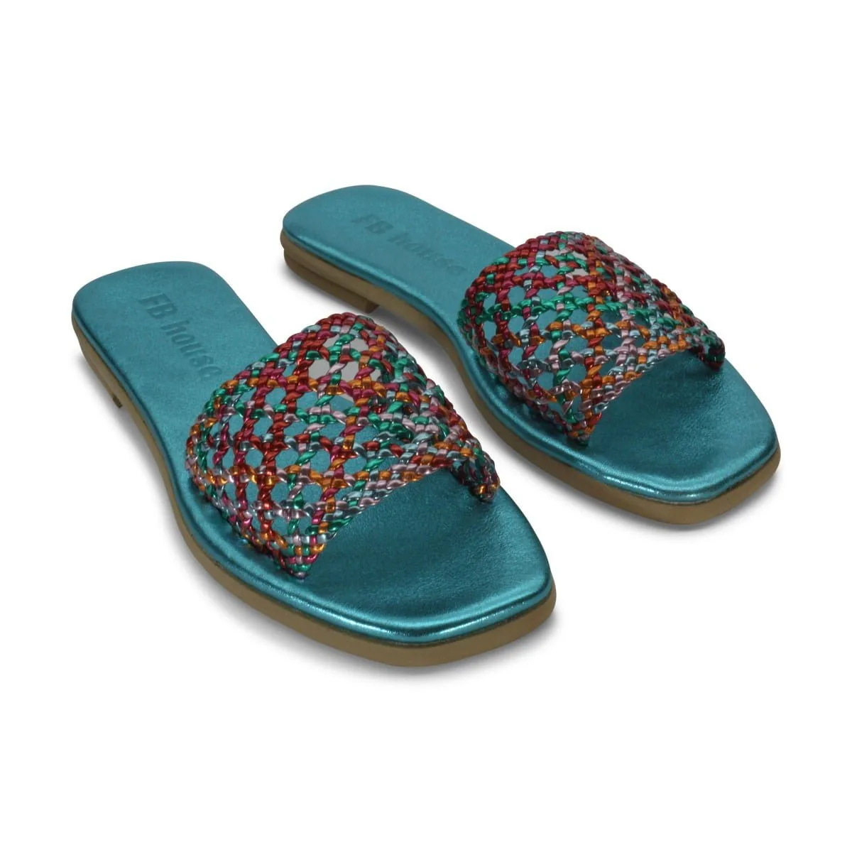 Teal Slide Sandals with a Multicolored Braided Strap on a White Background